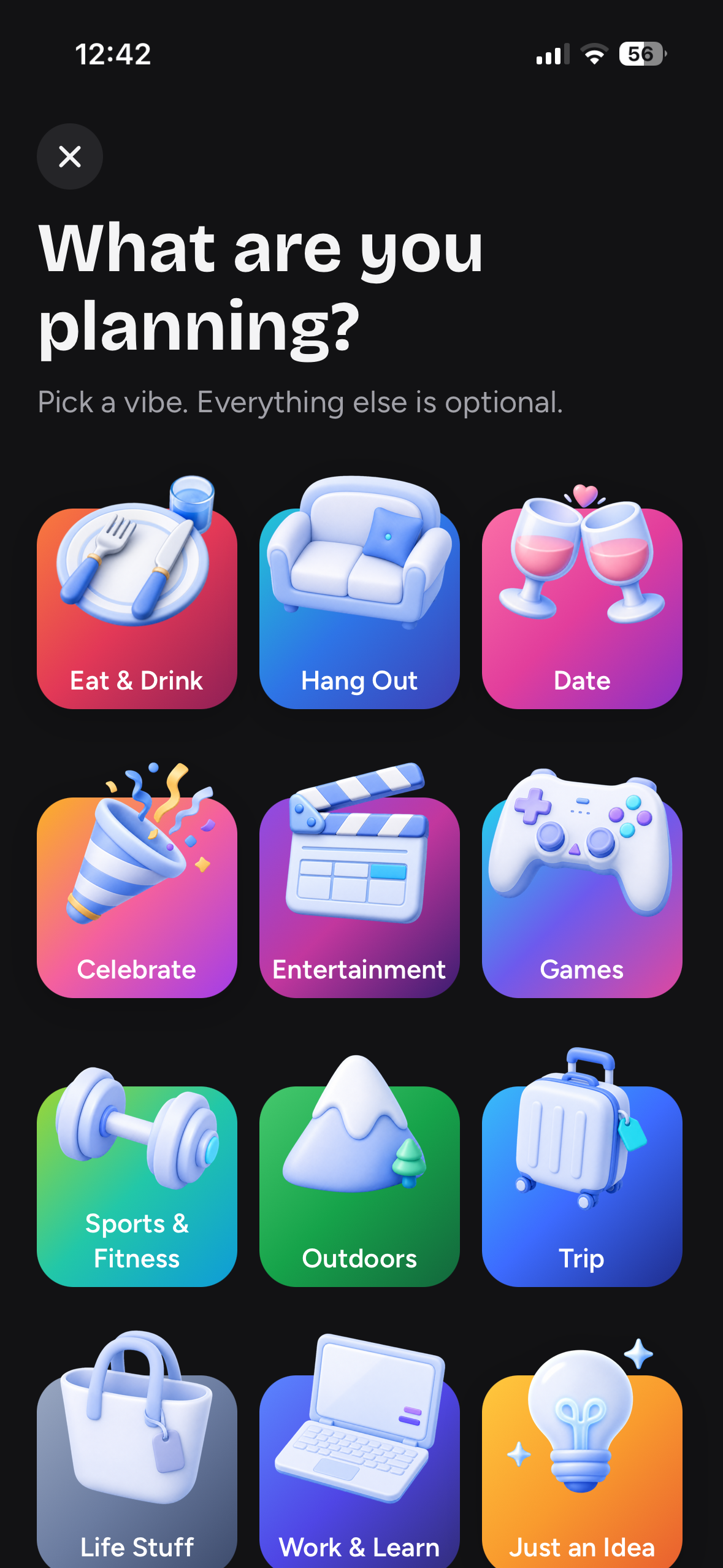 Zapnin create screen showing plan categories.