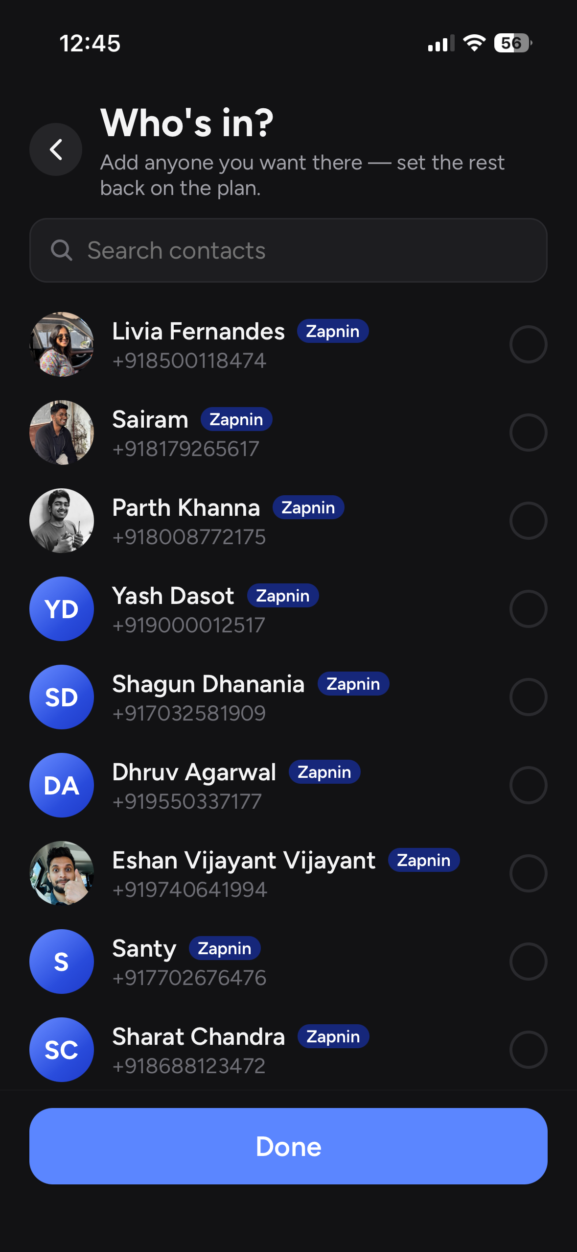 Zapnin contact picker for inviting friends to a new plan.
