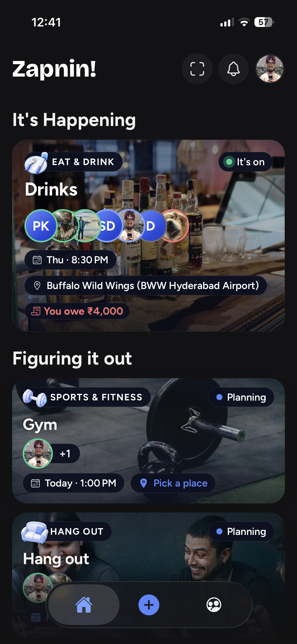 Zapnin home feed showing confirmed and in-progress plans.