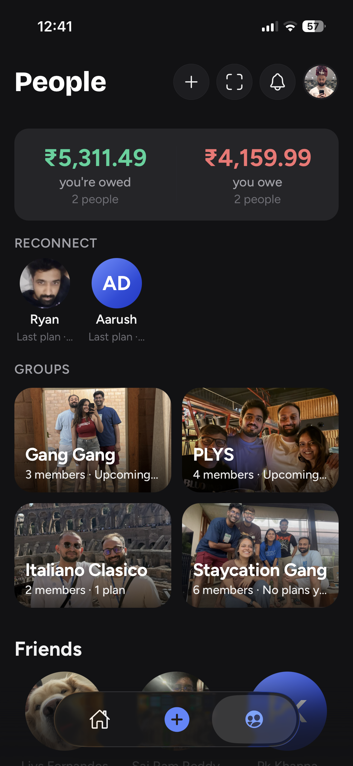 Zapnin people screen showing groups, friends, and shared balances.